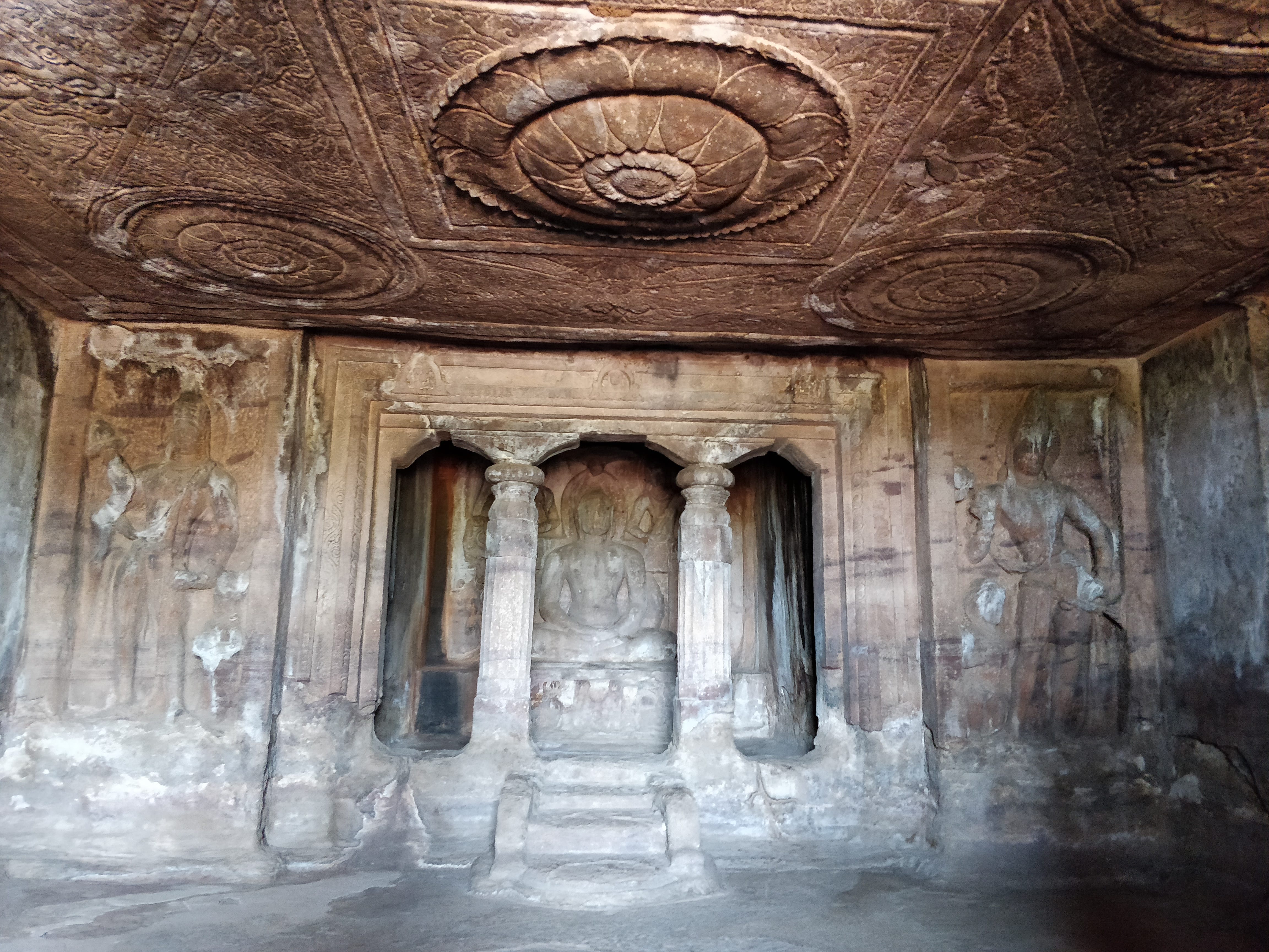 inside the Digambar rock-cut temple. Even the roof had lot of intricate designs