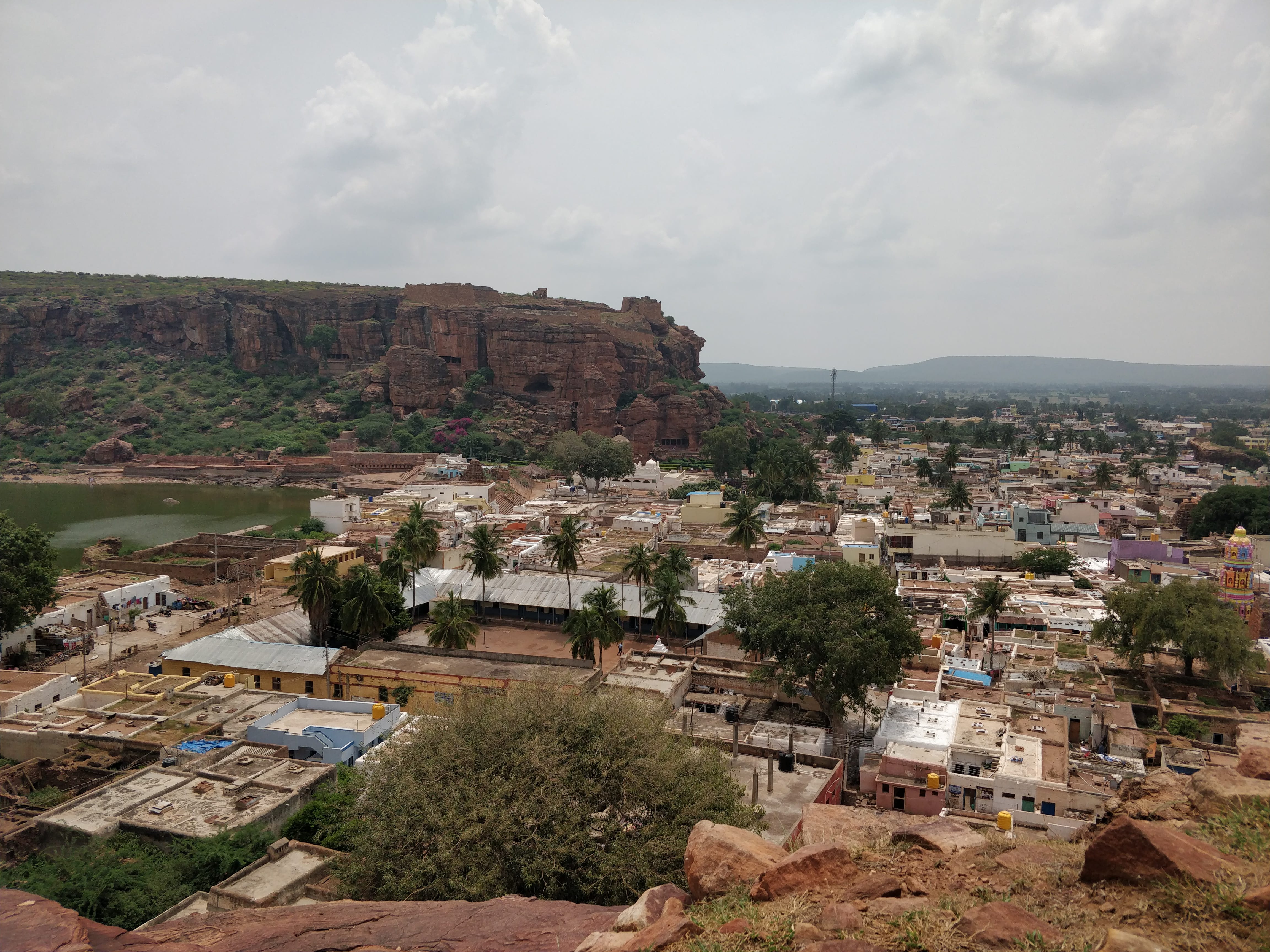 Badami town and the southern hill which houses the caves